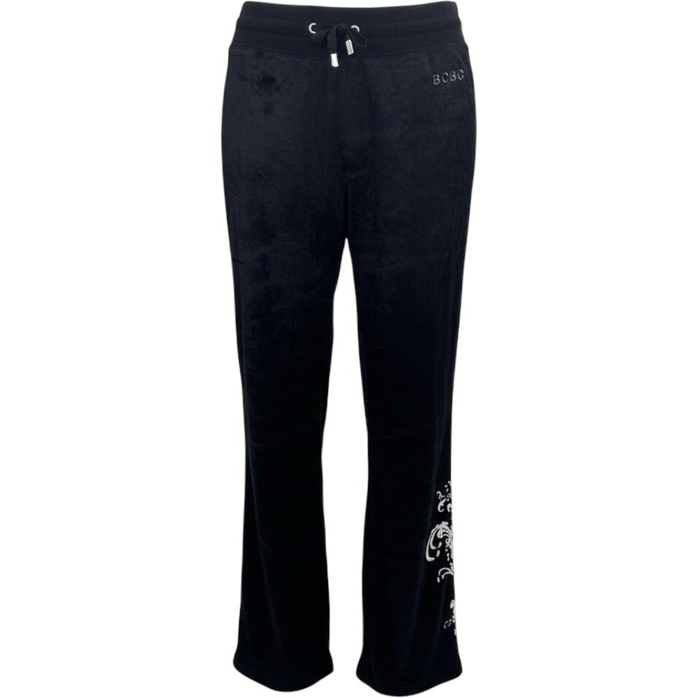 BCBG Women Black Velour Track Pants Fleur-de-Lis Graphic Joggers BC13511P Size L
